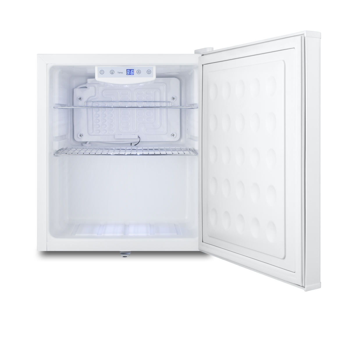 Commercially approved compact all-refrigerator in white, designed to serve as an allergy-free storage zone, with digital thermostat, keyed lock, and a set of allergy warning magnets